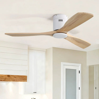 Low profile ceiling fan with 3 natural wood blades and white motor housing remote control on Tampa Home & Garden Store