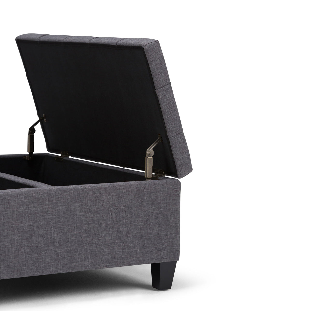 Harrison Tufted Lift Top Storage Ottoman, grey fabric, interior storage, dark legs on Tampa Home & Garden Store