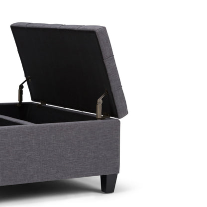 Harrison Tufted Lift Top Storage Ottoman, grey fabric, interior storage, dark legs on Tampa Home & Garden Store