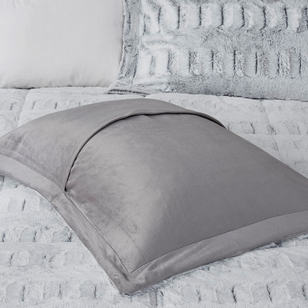 King/Cal King Back Print Long Fur Comforter Mini Set in soft grey plush fur on bed on Tampa Home & Garden Store