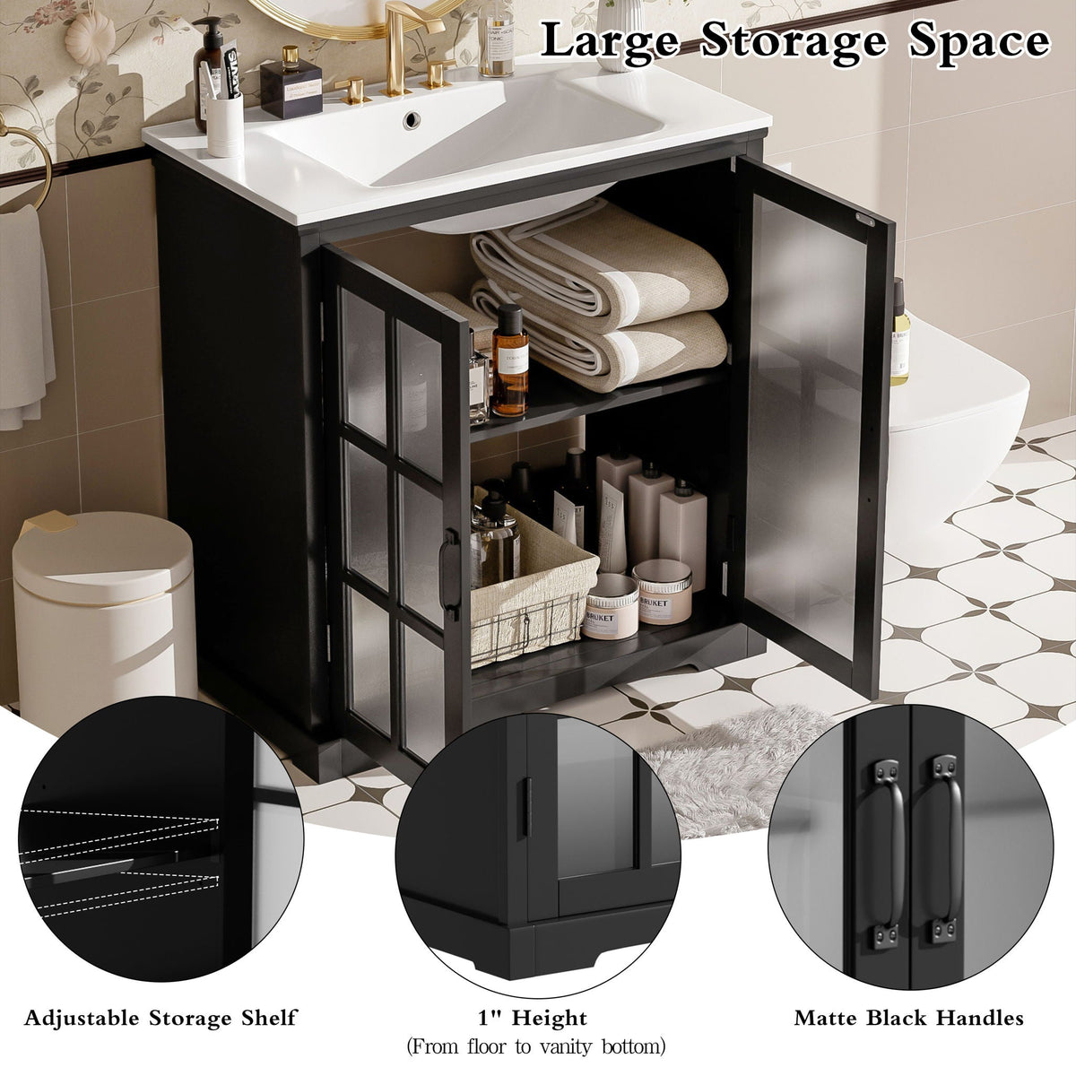 Modern bathroom vanity with ceramic sink and tempered blurred glass doors, matte black cabinet on Tampa Home & Garden Store