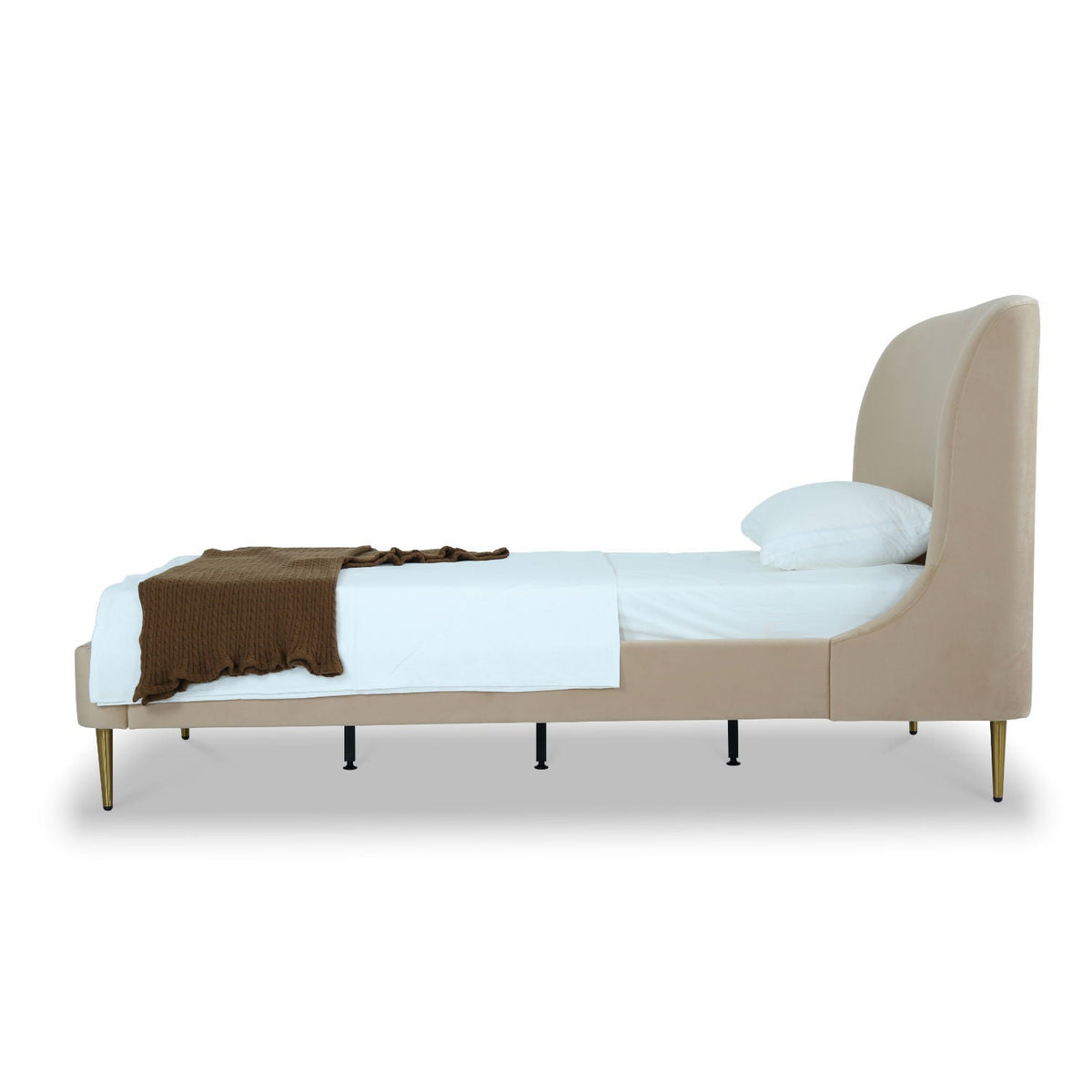 Mid-Century Modern Upholstered Bed With Curved Headboard beige upholstery, white bedding, gold-tipped legs on Tampa Home & Garden Store