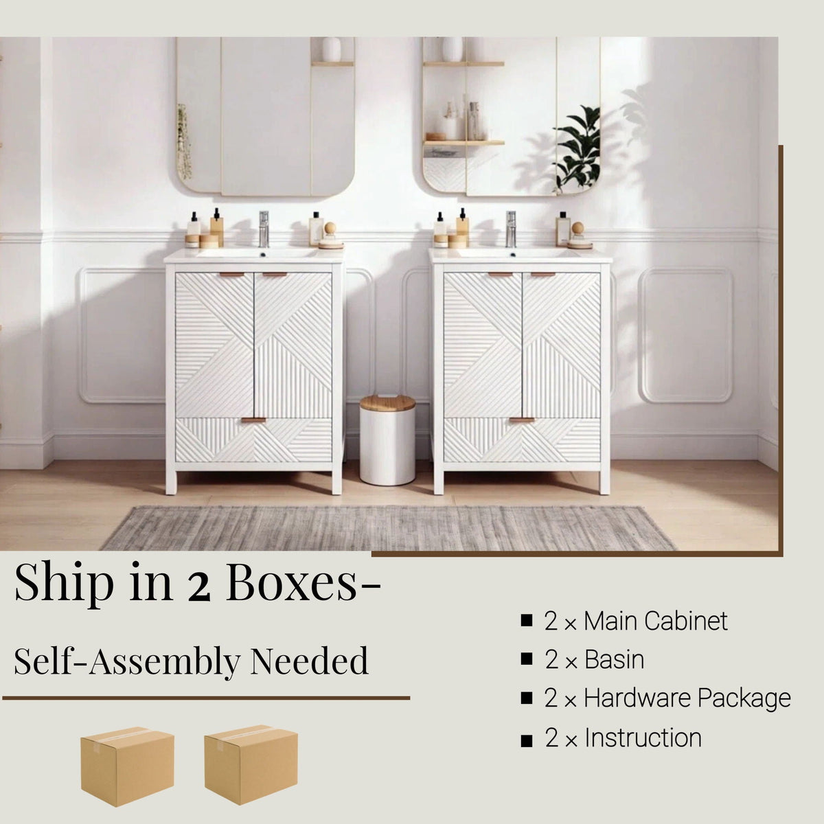 White double bathroom vanity with sinks, compact storage, diagonal-paneled doors by HouseOfZazla on Tampa Home & Garden Store