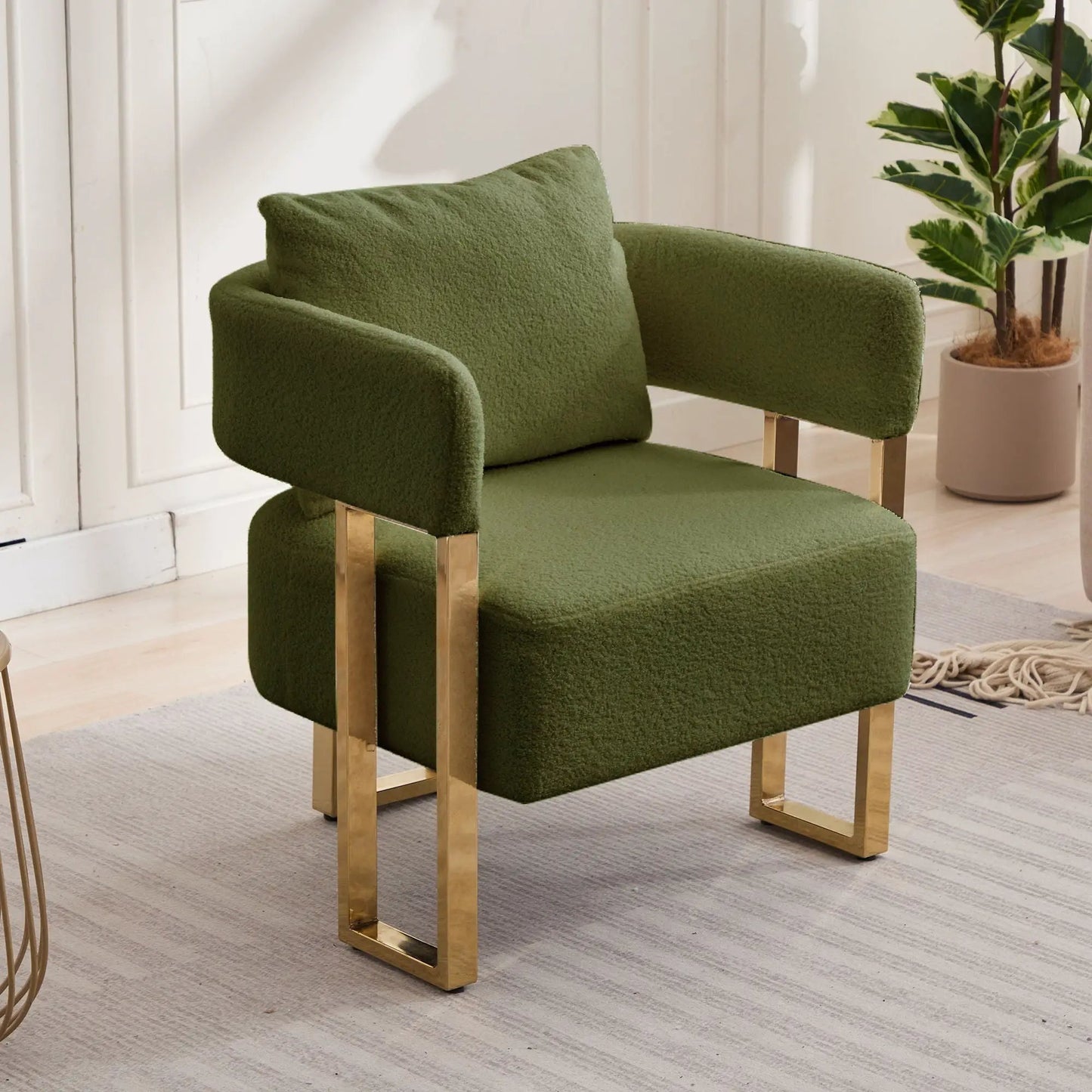 Modern teddy fleece upholstered chair & ottoman with gold metal legs in green Unique Piece on Tampa Home & Garden Store