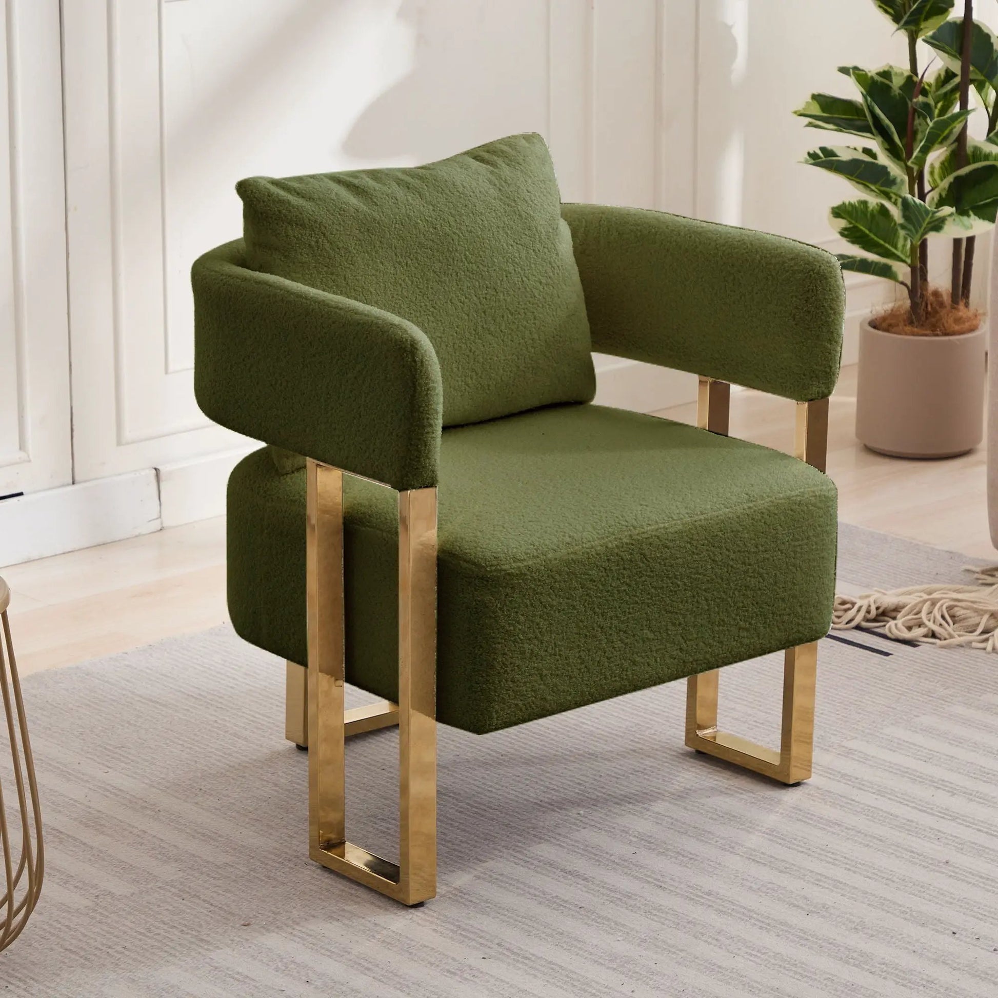 Modern teddy fleece upholstered chair & ottoman with gold metal legs in green Unique Piece on Tampa Home & Garden Store