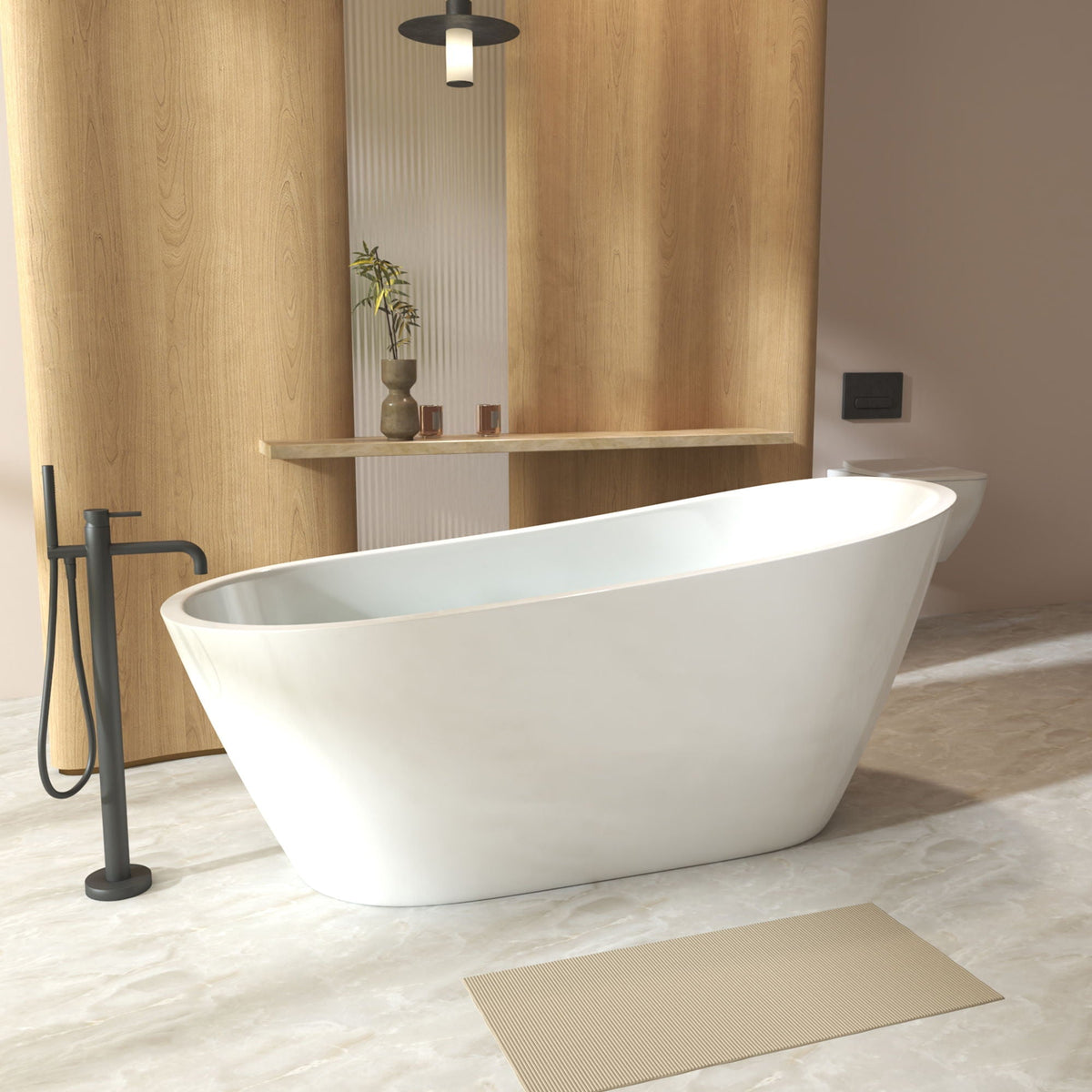 Freestanding acrylic slipper bathtub in white with a matte black faucet on Tampa Home & Garden Store