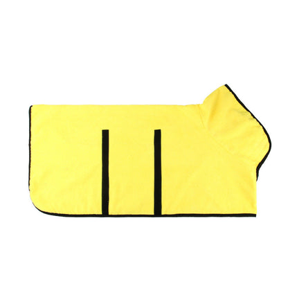 Absorbent yellow pet bathrobe with waist-wrapped microfiber, black trim and two straps on Tampa Home & Garden Store