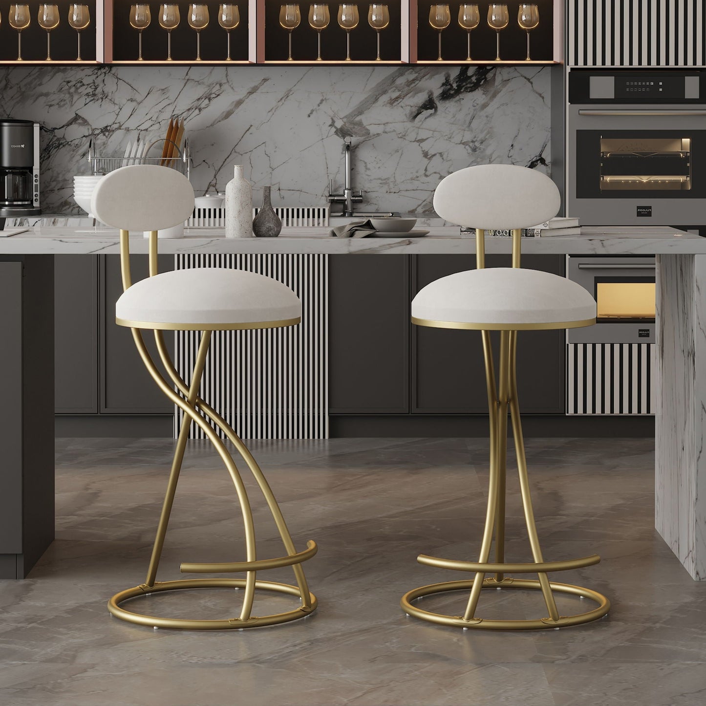 Bar stools upholstered counter-height set of 2 with white seats and gold legs HouseOfZazla on Tampa Home & Garden Store