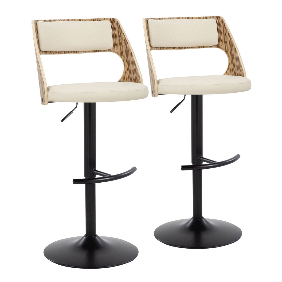 Two Cecina Adjustable Barstools with Swivel, beige cushions, wood grain back, set of 2 on Tampa Home & Garden Store