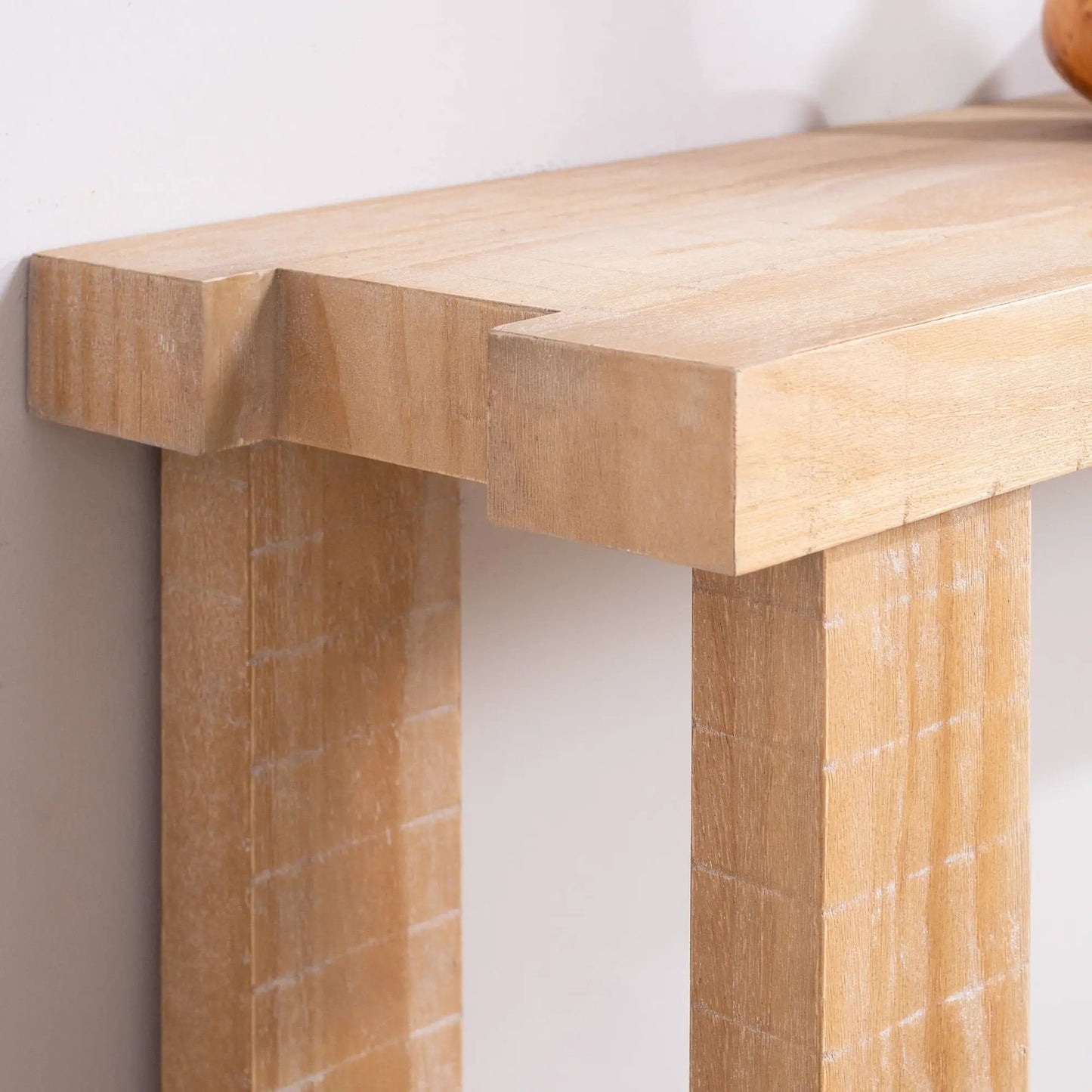 Console table in natural wood finish with chunky block legs, long narrow entryway design on Tampa Home & Garden Store