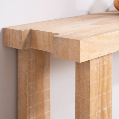 Console table in natural wood finish with chunky block legs, long narrow entryway design on Tampa Home & Garden Store