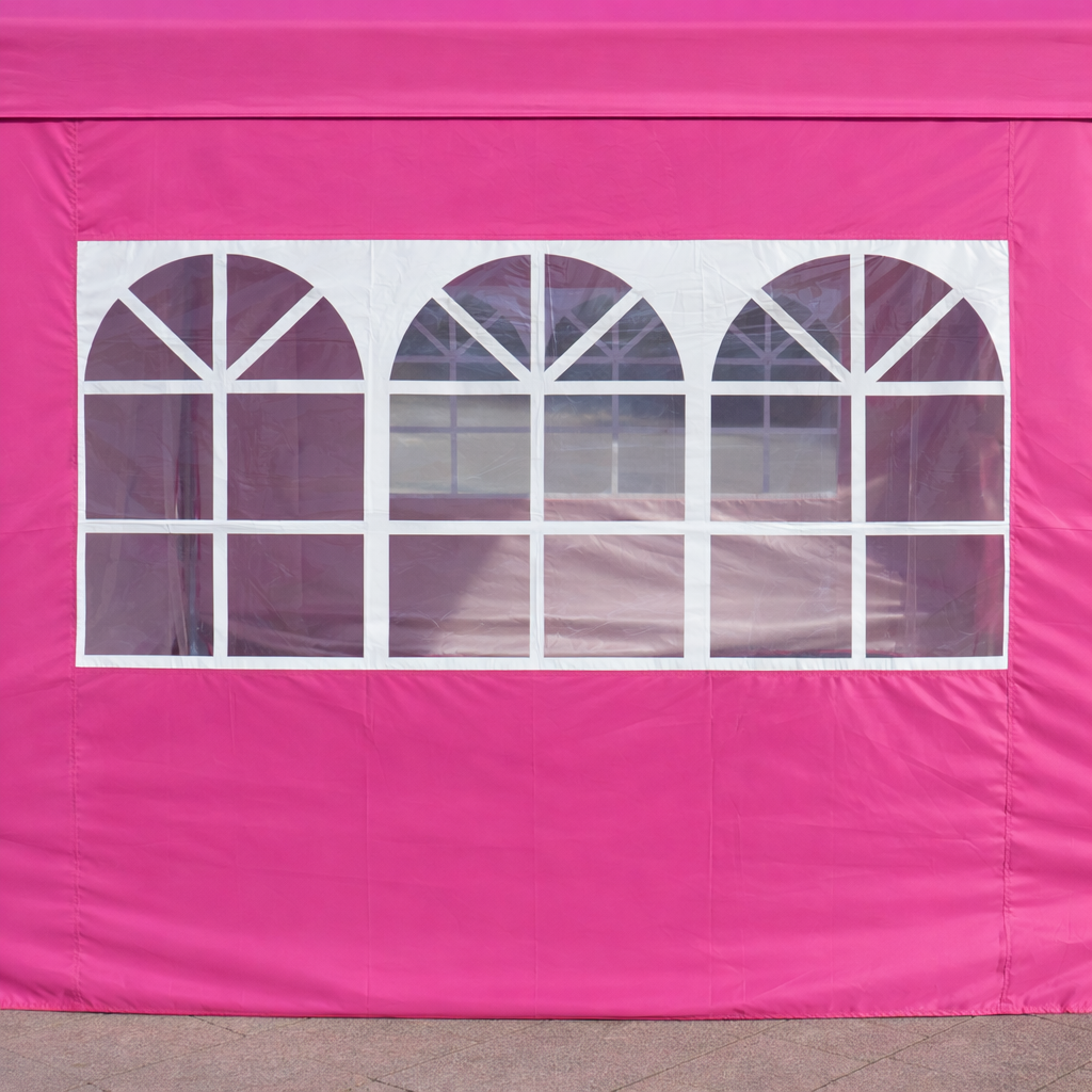 10x10ft outdoor pop up gazebo canopy tent in pink by HouseOfZazla with white arched window panels on Tampa Home & Garden Store