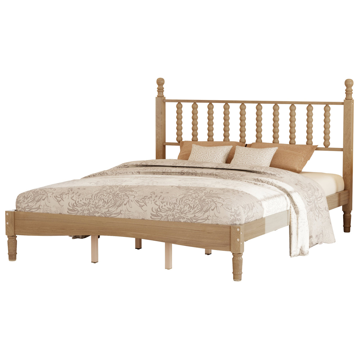 Queen size wood platform bed with gourd-shaped headboard and turned posts in natural finish on Tampa Home & Garden Store