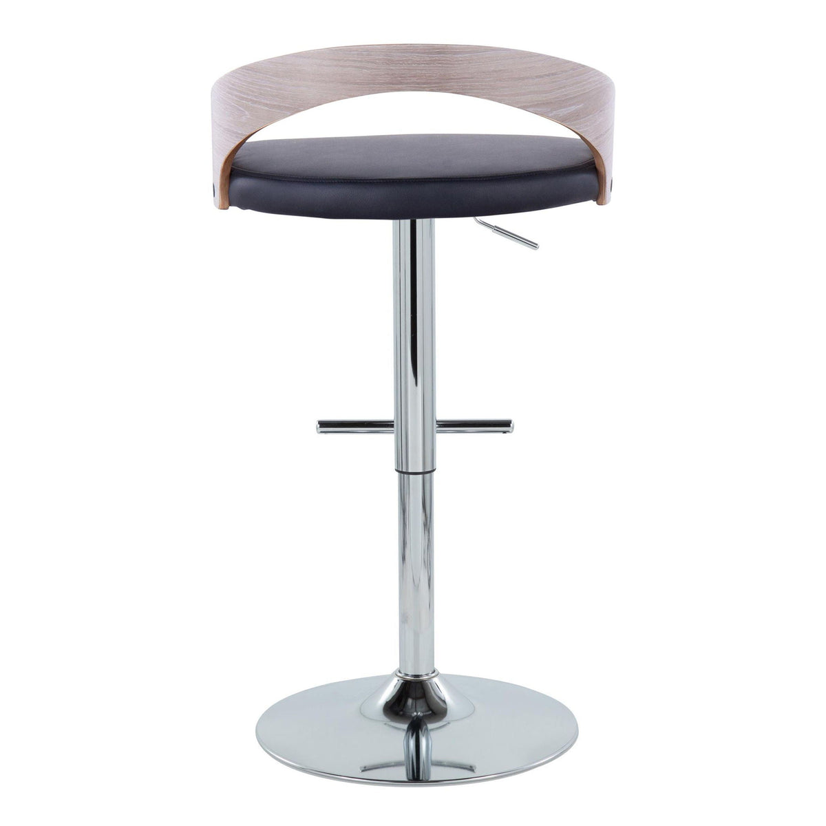 Contemporary adjustable-height barstool with swivel, light brown wood back and black cushion on Tampa Home & Garden Store