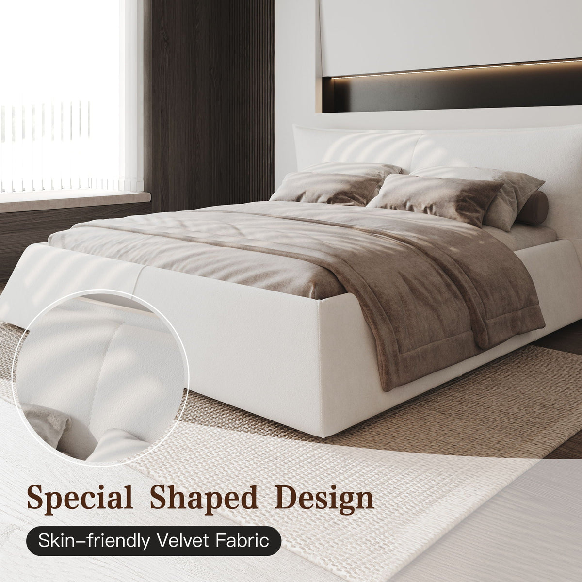 Upholstered Platform Bed in white velvet fabric with a special shaped headboard on Tampa Home & Garden Store