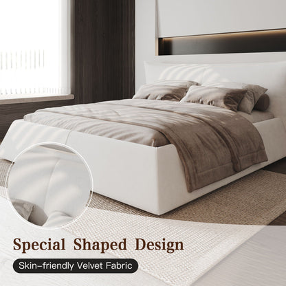 Upholstered Platform Bed in white velvet fabric with a special shaped headboard on Tampa Home & Garden Store