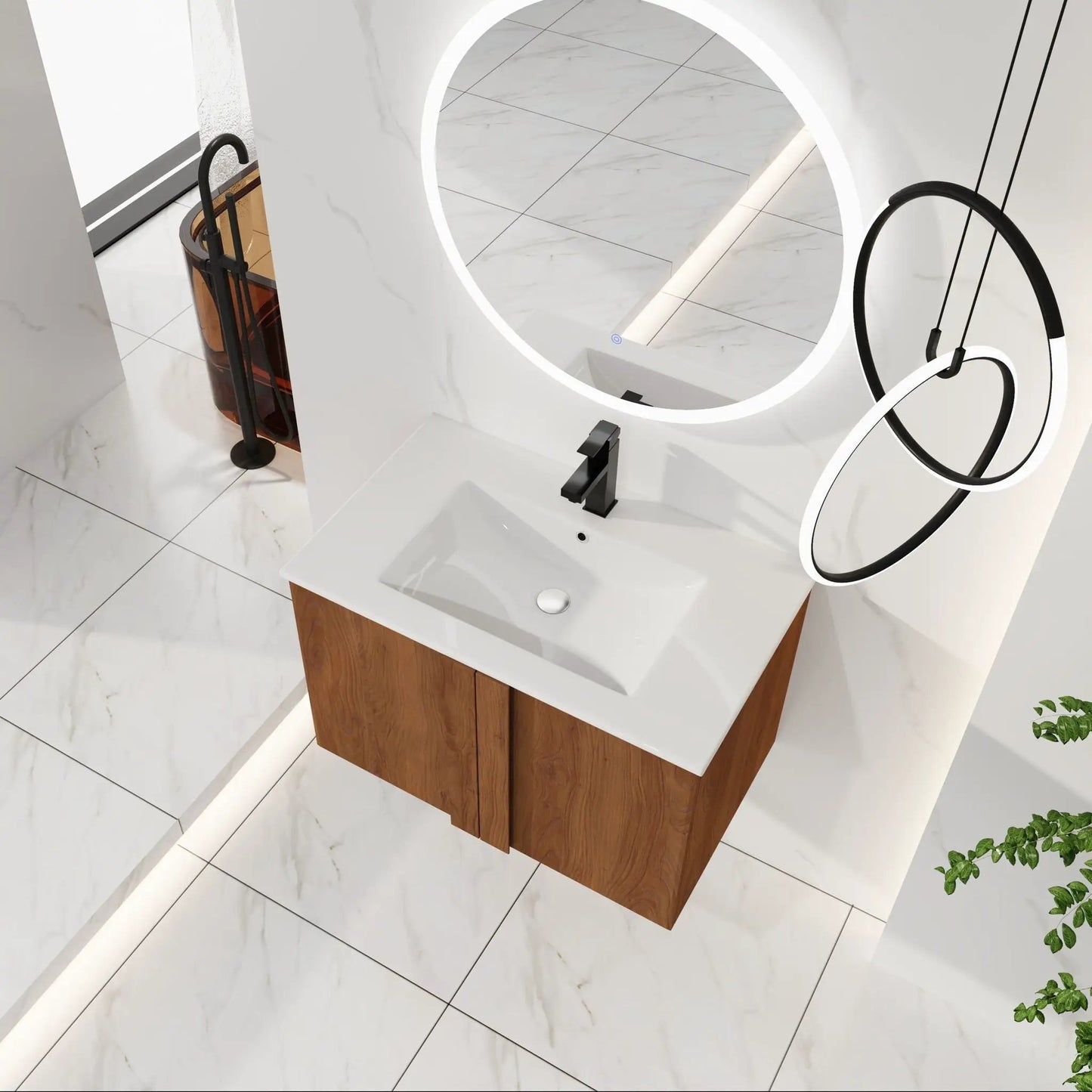 Floating bathroom vanity with sink combo, white countertop and wood base with black faucet on Tampa Home & Garden Store