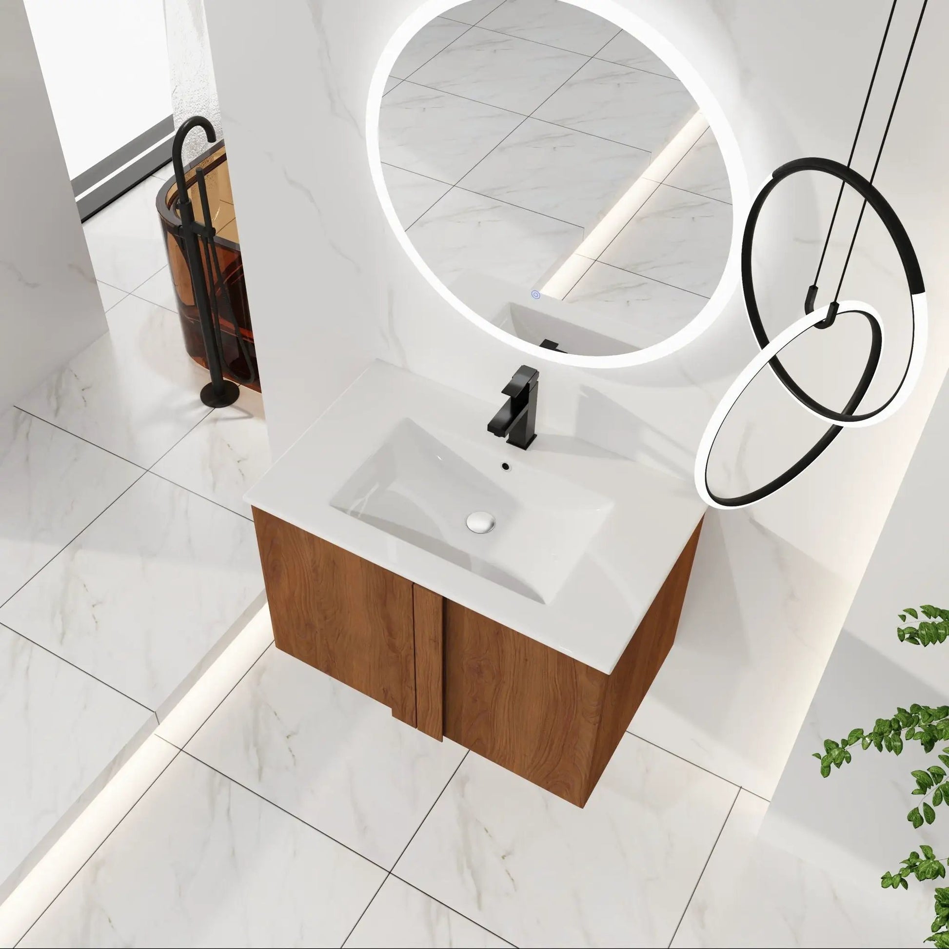 Floating bathroom vanity with sink combo, white countertop and wood base with black faucet on Tampa Home & Garden Store