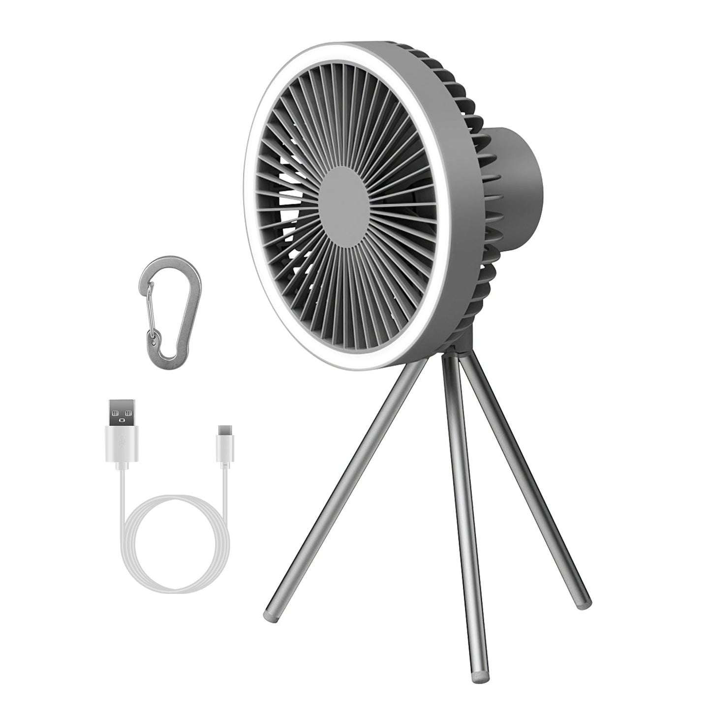 GemGear camping fan with tripod stand, 10000mAh battery, USB cables, carabiner on Tampa Home & Garden Store