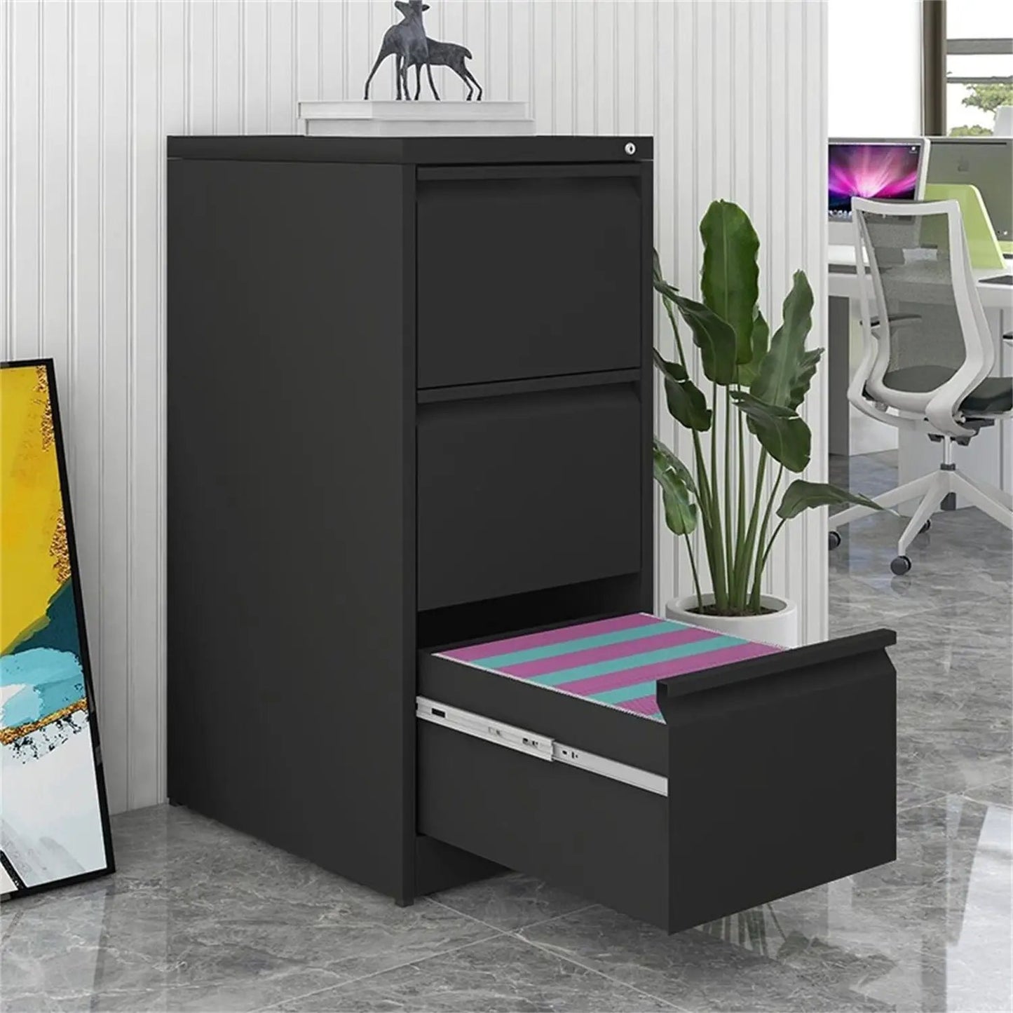 Durable metal 3-drawer filing cabinet with lock by Unique Piece Furniture in black for storage on Tampa Home & Garden Store
