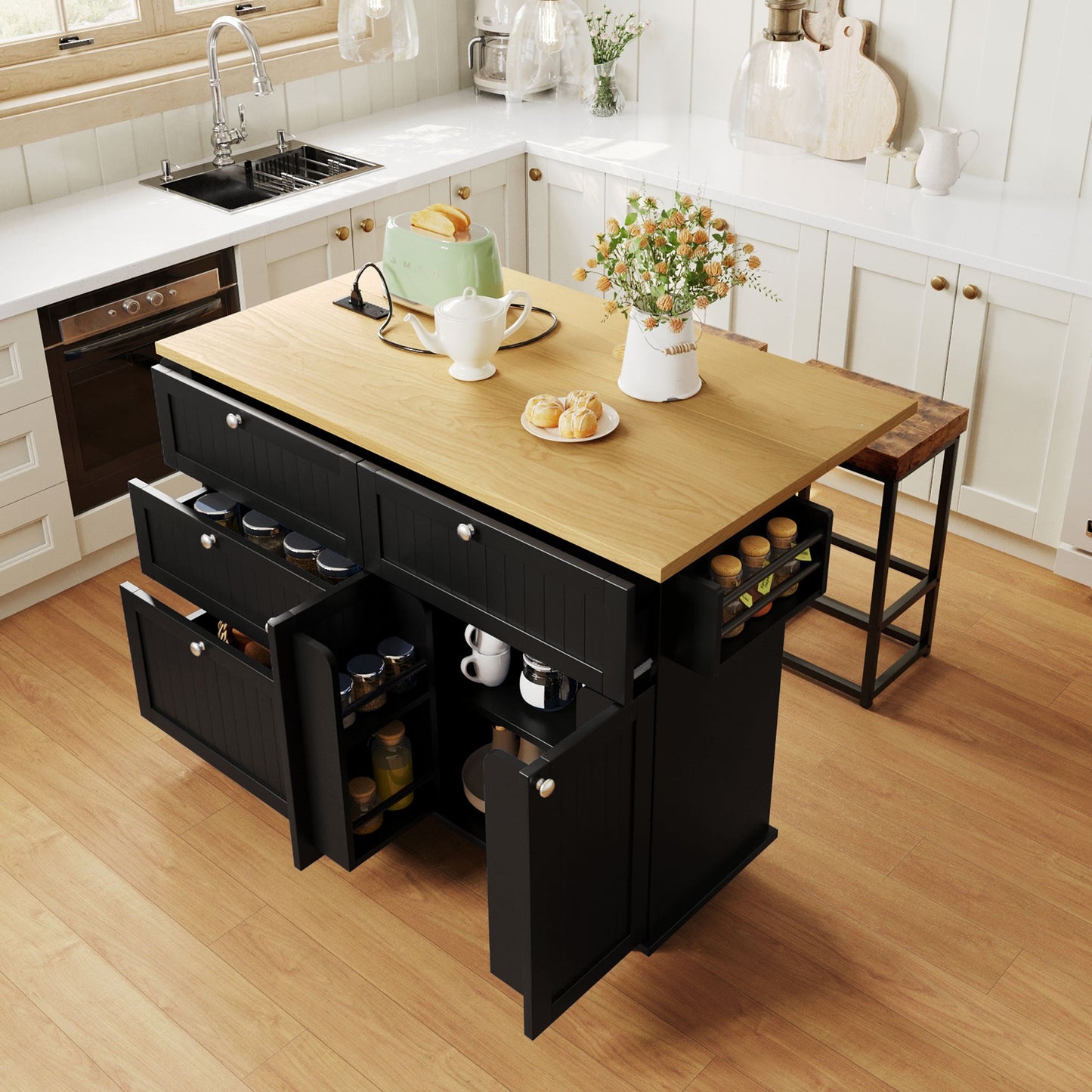 Farmhouse Kitchen Island With Drop Leaf and Seats