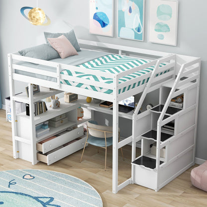 HouseOfZazla white loft bed with desk and storage staircase, teal chevron bedding on Tampa Home & Garden Store