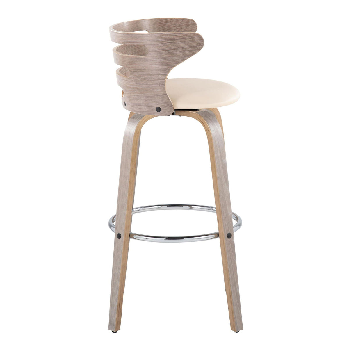Mid Century Modern barstool with swivel and footrest beige cushioned seat light wood frame on Tampa Home & Garden Store