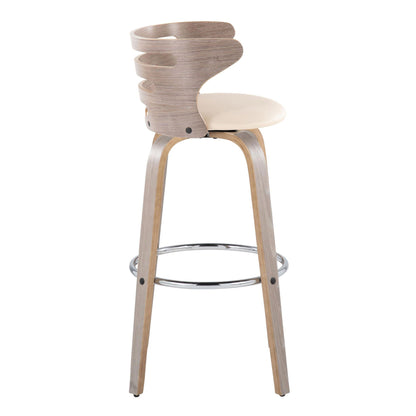 Mid Century Modern barstool with swivel and footrest beige cushioned seat light wood frame on Tampa Home & Garden Store