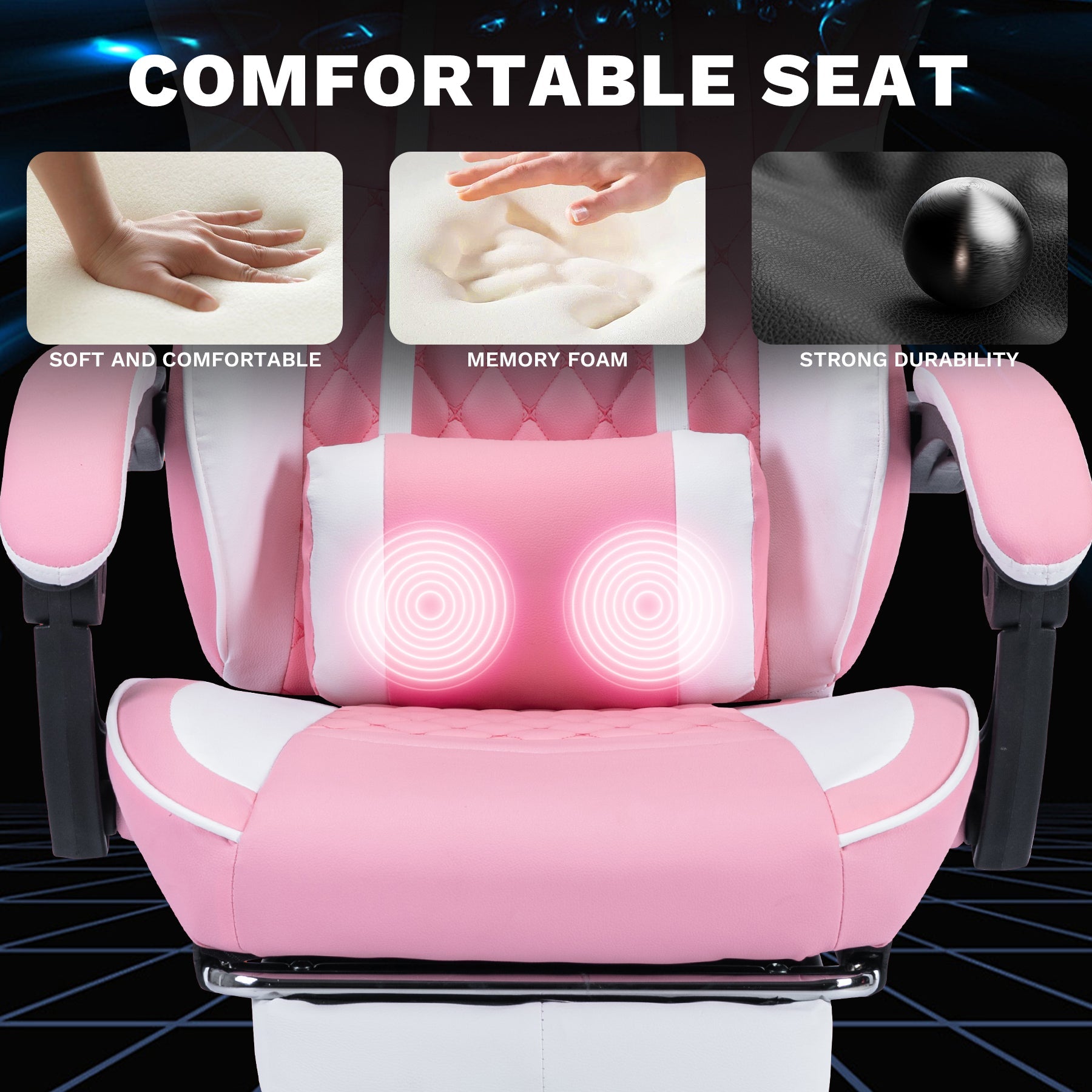 Ergonomic pink video gaming chair with massage lumbar support and plush padding on Tampa Home & Garden Store