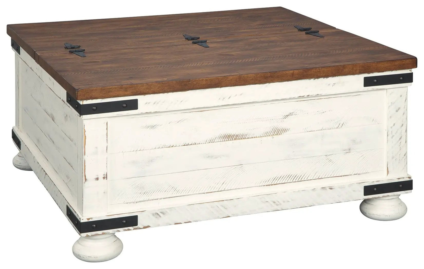 Wystfield cocktail table with storage, white distressed base and brown wood top, bun feet on Tampa Home & Garden Store