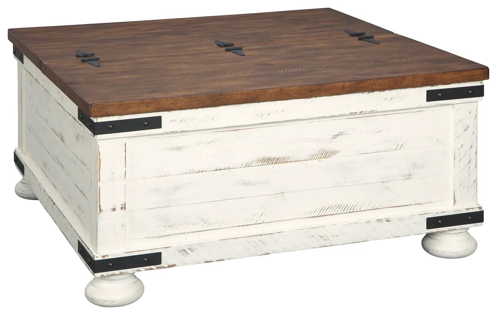 Wystfield cocktail table with storage, white distressed base and brown wood top, bun feet on Tampa Home & Garden Store
