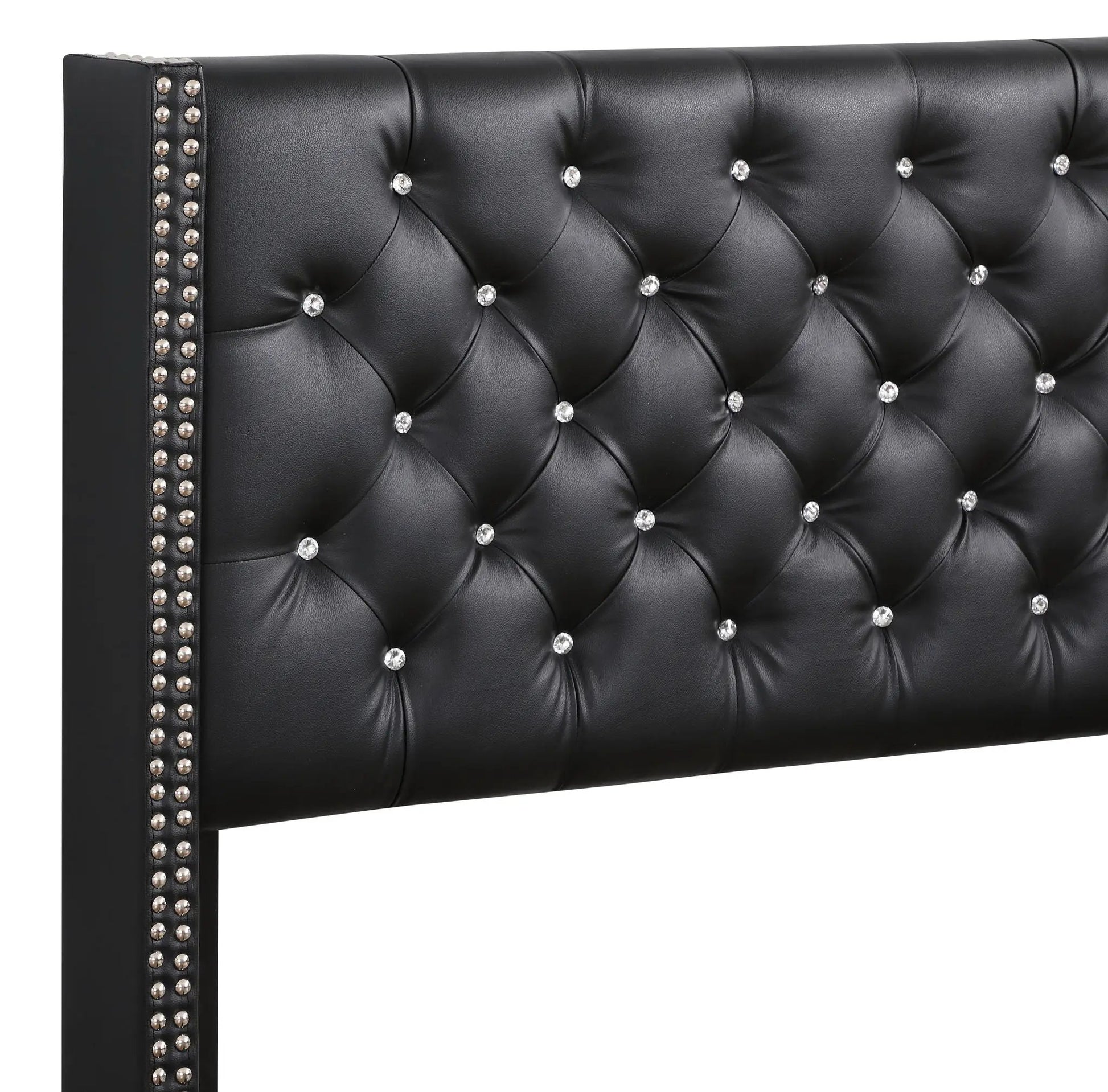 Upholstered Nailhead Trim Bed in black faux leather with tufted diamonds and crystal buttons on Tampa Home & Garden Store