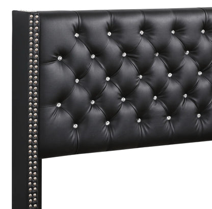 Upholstered Nailhead Trim Bed in black faux leather with tufted diamonds and crystal buttons on Tampa Home & Garden Store