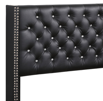 Upholstered nailhead-trim bed headboard in black faux leather with crystal buttons on Tampa Home & Garden Store