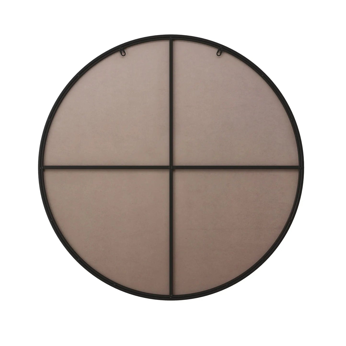 Round wall mirror with black metal frame and central vertical divider and bottom crossbar on Tampa Home & Garden Store