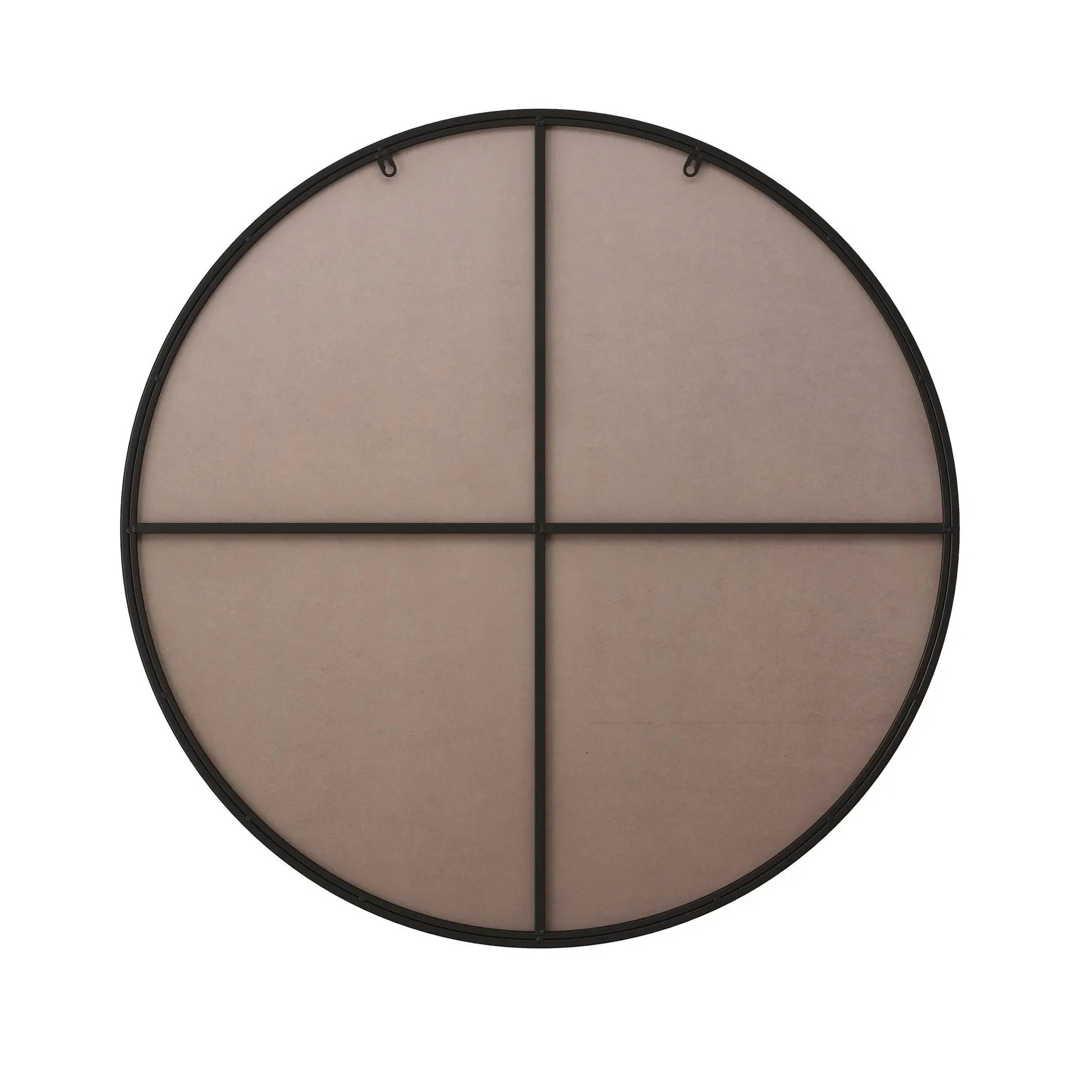 Round wall mirror with black metal frame and central vertical divider and bottom crossbar on Tampa Home & Garden Store