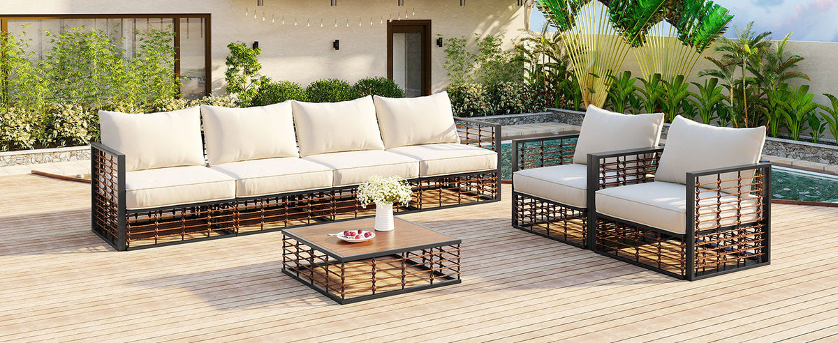 TOPMAX Modern Minimalist 7-Piece Metal Patio Sectional Sofa Set black frame cream cushions on Tampa Home & Garden Store