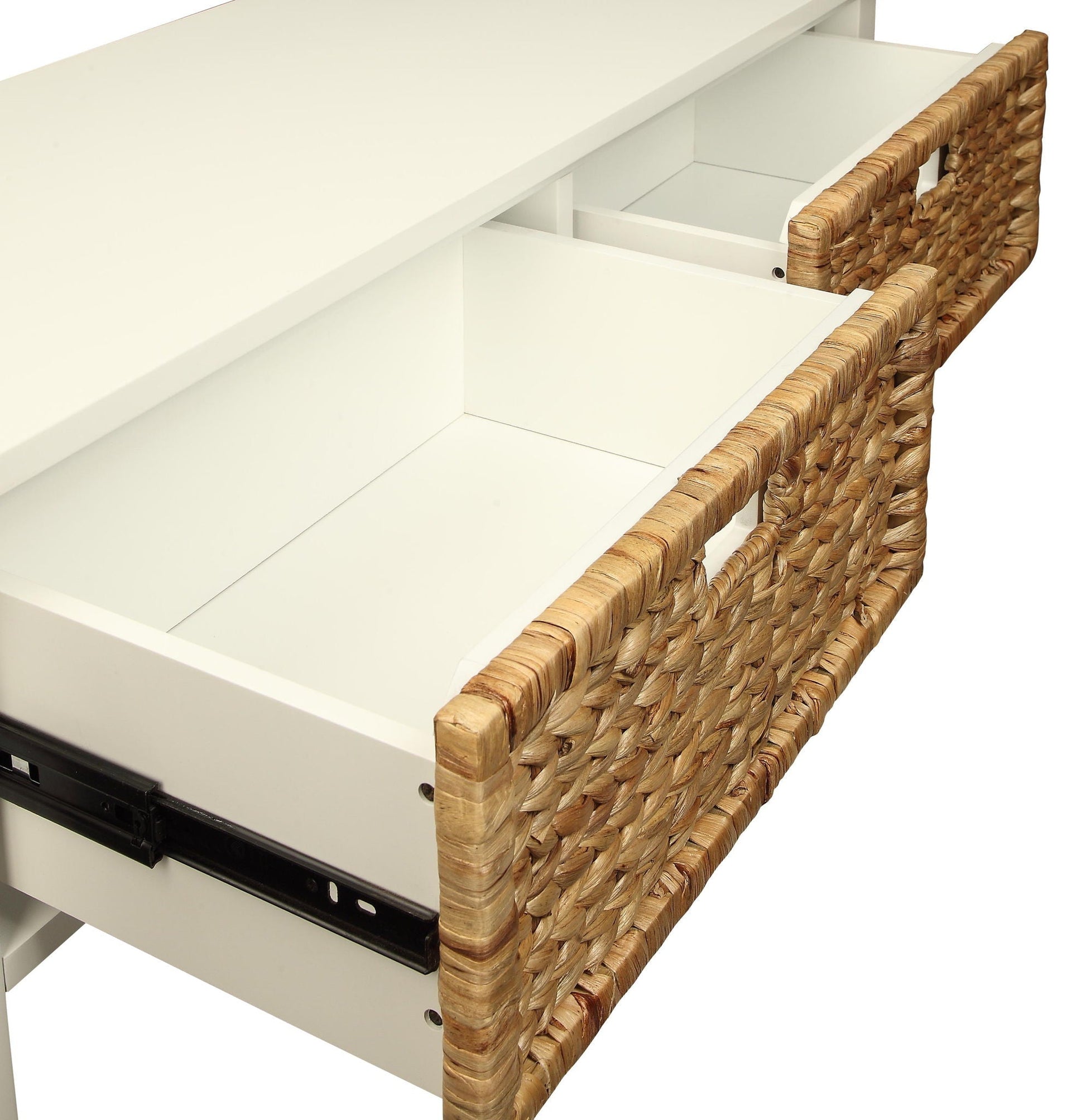 Flavius console table with white interior and woven rattan frame, built-in storage compartments HouseOfZazla on Tampa Home & Garden Store