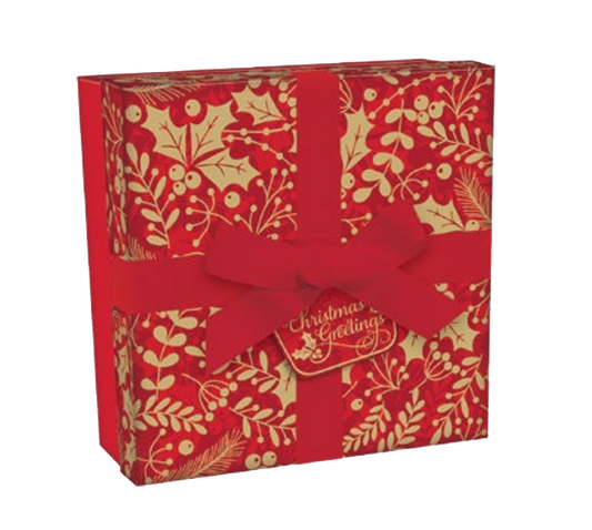 Premium Gift Box with Ribbon and Gift Tag, red square box with gold holly pattern and bow on Tampa Home & Garden Store