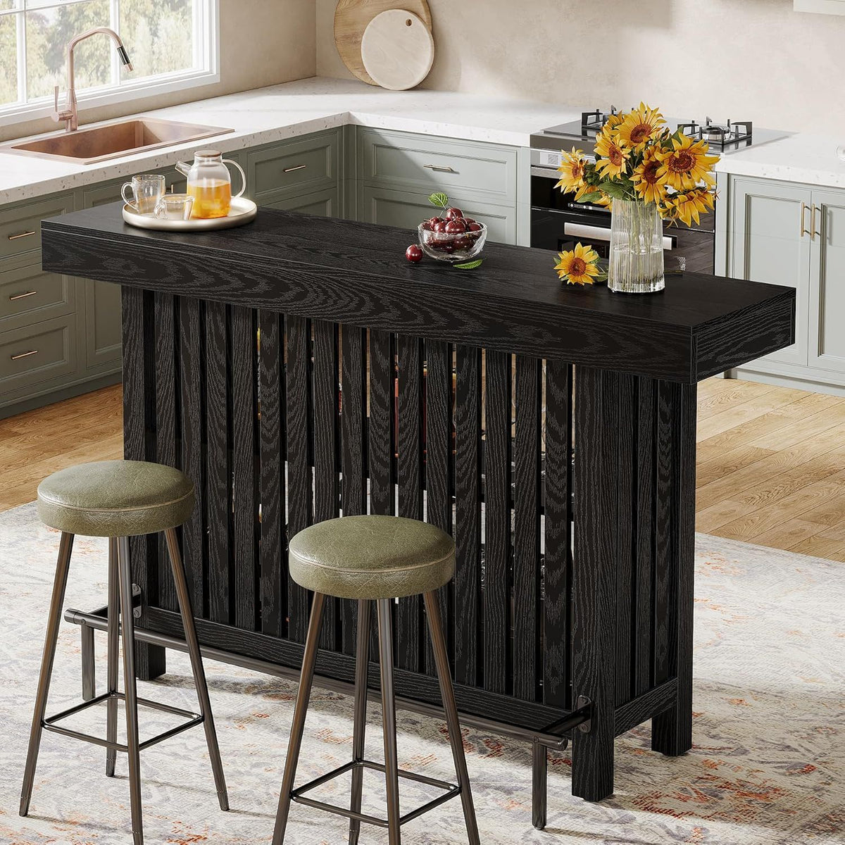 2 Tier Mini Bar Table for Kitchen in black wood with slatted base and two metal bar stools on Tampa Home & Garden Store