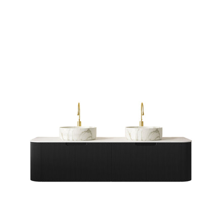 Dina 60in double bathroom vanity with two white Carrara vessel sinks, black ribbed cabinet on Tampa Home & Garden Store