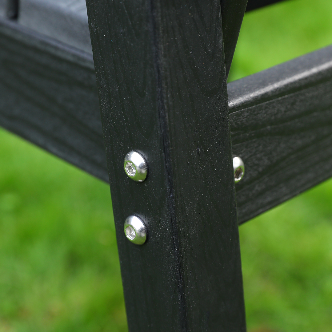 HDPE outdoor terrace dining chairs set of 2 in black with silver bolt hardware on Tampa Home & Garden Store