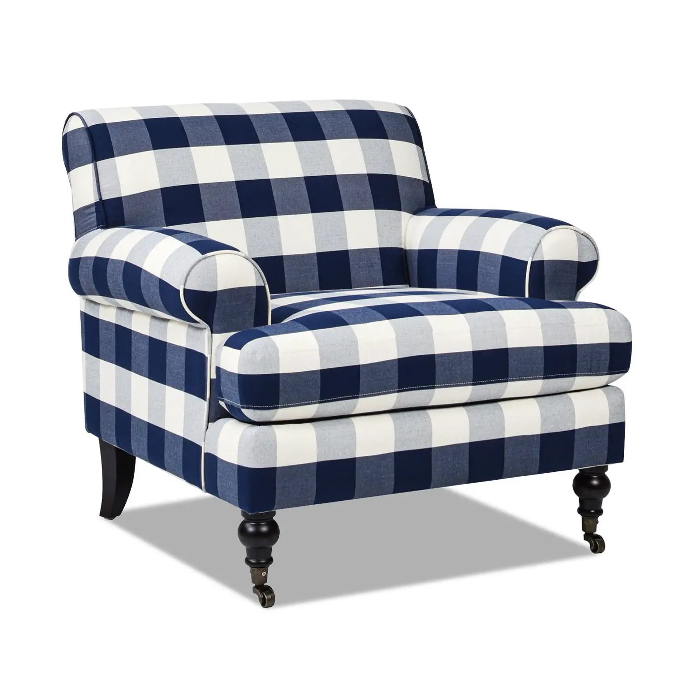 Alana Lawson accent arm chair in navy and white buffalo plaid fabric with caster wheels on Tampa Home & Garden Store