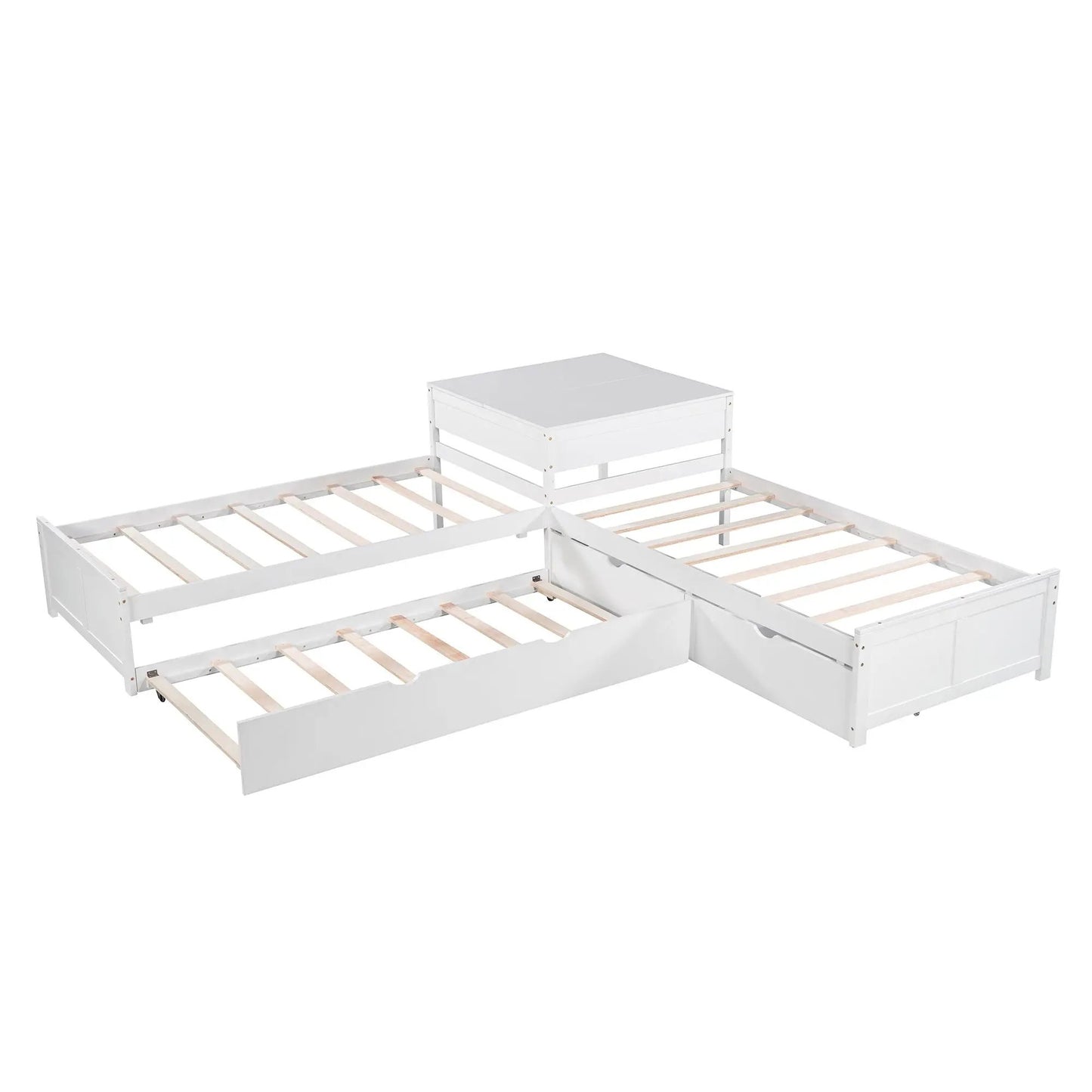 White L-shaped platform bed with built-in desk, trundle and drawers on Tampa Home & Garden Store