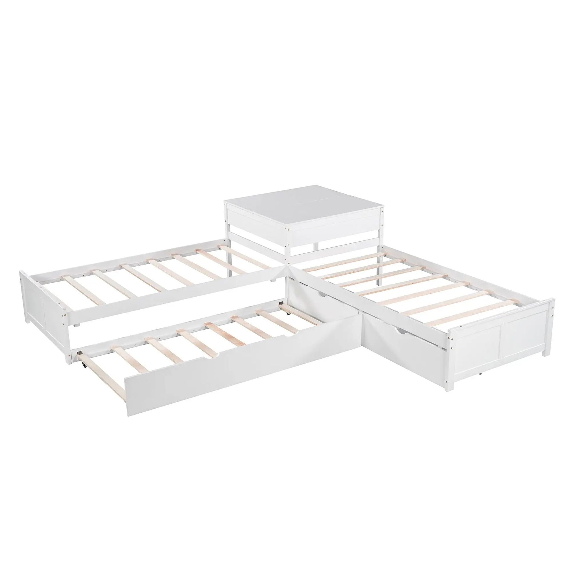 White L-shaped platform bed with built-in desk, trundle and drawers on Tampa Home & Garden Store