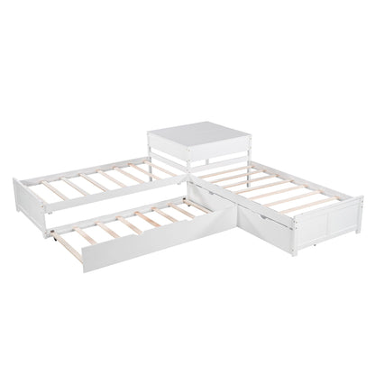 L-shaped white platform bed with built-in desk, trundle and drawers on Tampa Home & Garden Store