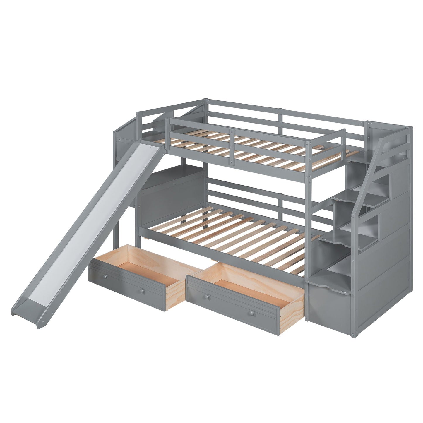 Bunk bed with storage staircase, slide, desk, drawers and shelves in gray by HouseOfZazla on Tampa Home & Garden Store