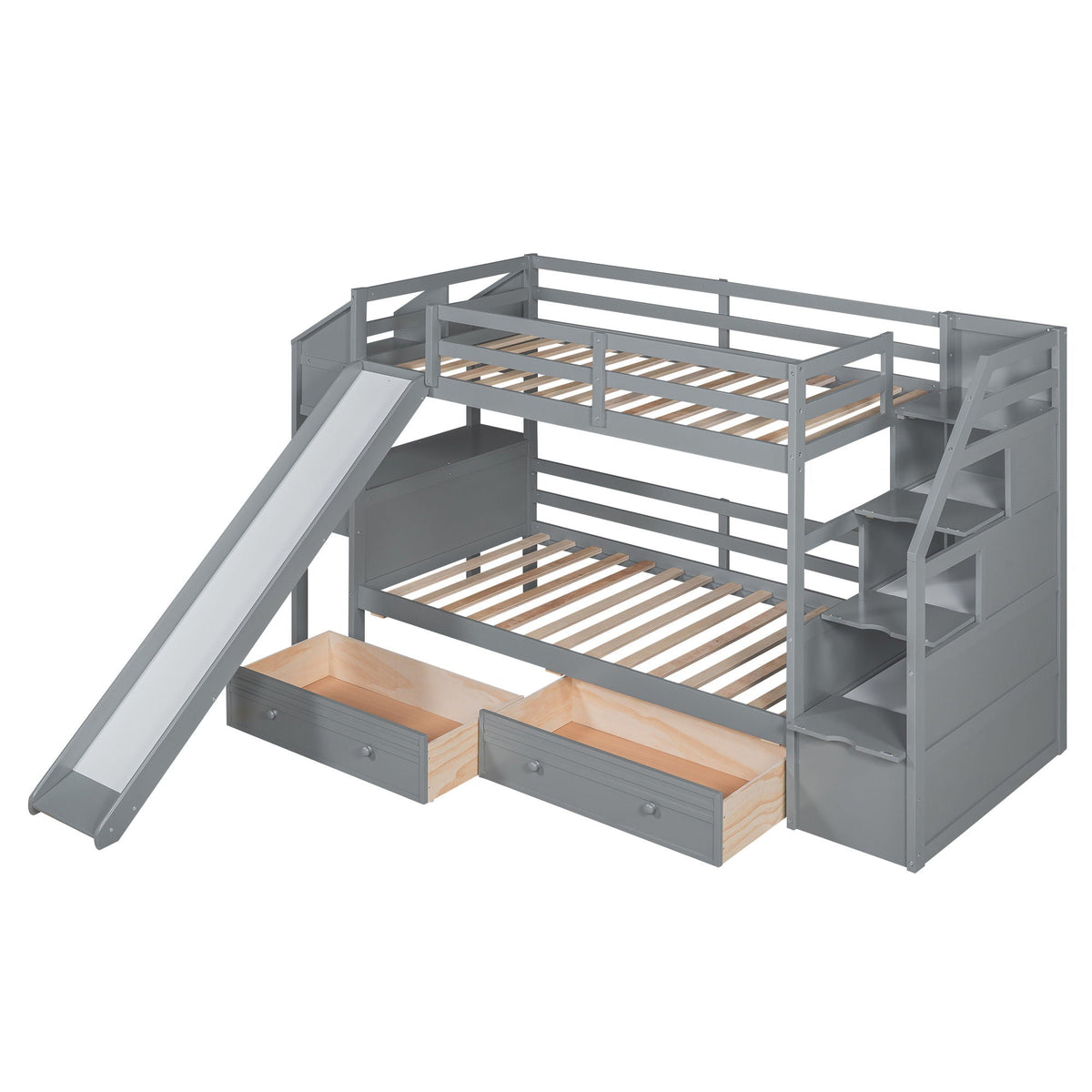 Bunk bed with storage staircase, slide, desk, drawers and shelves in gray by HouseOfZazla on Tampa Home & Garden Store