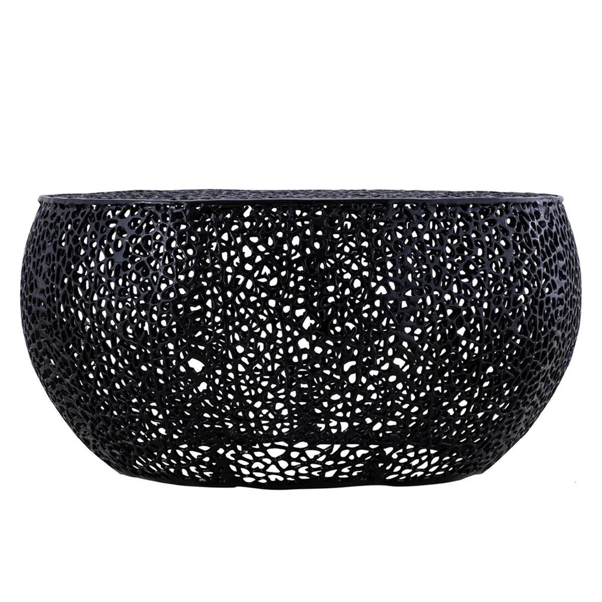 Round black metal coffee table with intricate openwork lattice silhouette aluminum frame on Tampa Home & Garden Store