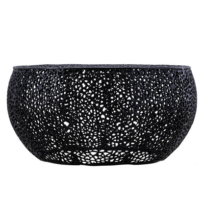 Round black metal coffee table with intricate openwork lattice silhouette aluminum frame on Tampa Home & Garden Store